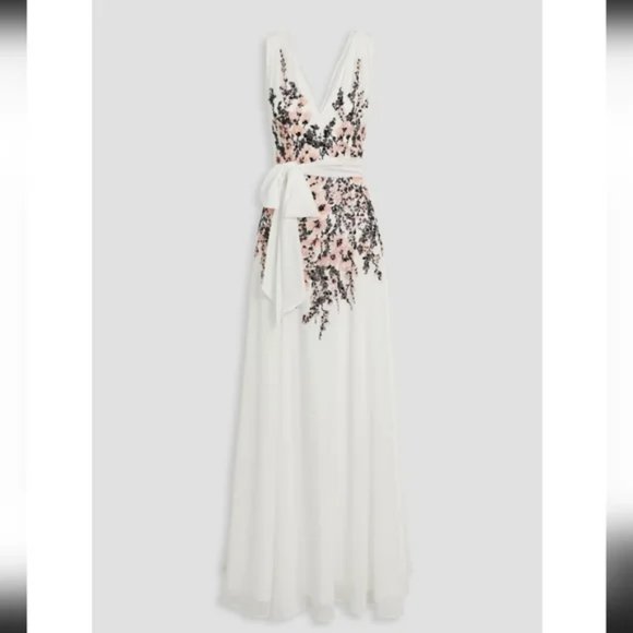 Badgley Mischka Women's White Embellished Printed Crepe De Chine Gown Size 2 - Picture 4 of 10